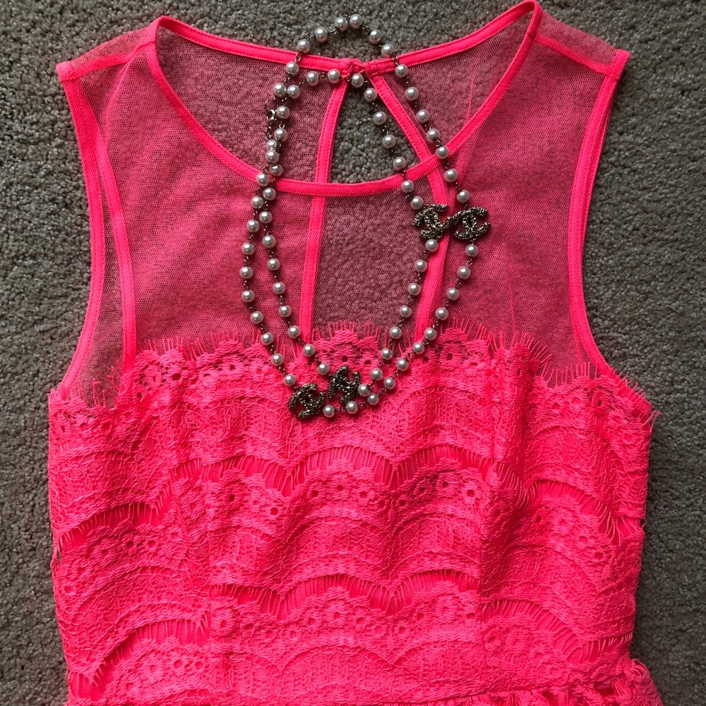 Neon pink lace cocktail dress
